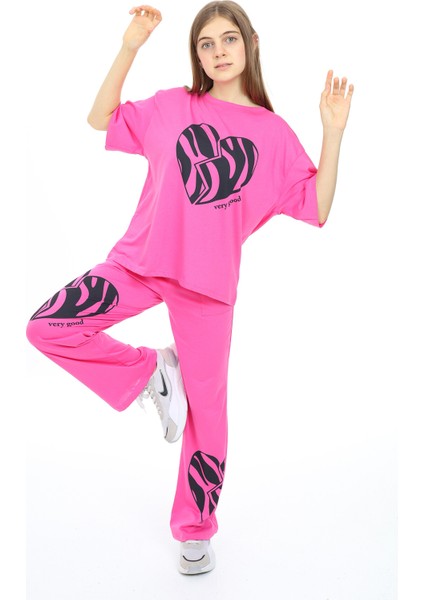 Fuşya Kalp Baskılı Kız Çocuk Takım 17890 modelleri