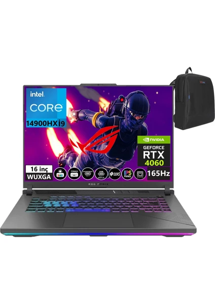 Rog Strix G16 Intel Core I9 14900HX 64GB Ddr5 Ram 512GB SSD Rtx 4060-140W 165Hz Freedos 16" Wuxga Taşınabilir Bilgisayar G614JVR-N309609+WEBLEGELSINÇANTA