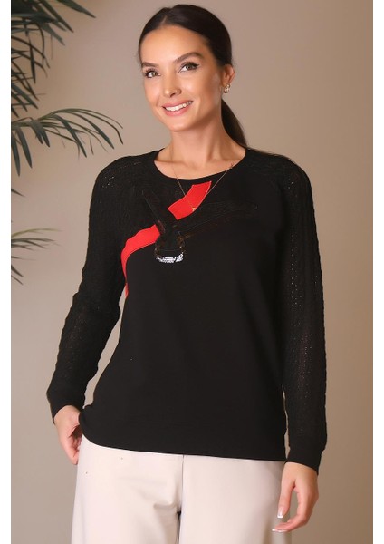 Pul Işlemeli Bisiklet Yaka Siyah Kadın Kazak 00629-2K4 modelleri