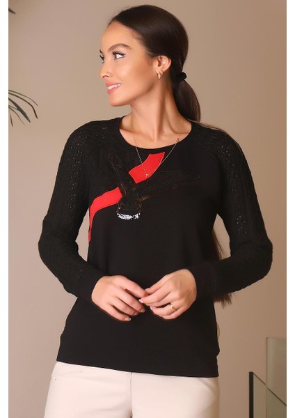 Pul Işlemeli Bisiklet Yaka Siyah Kadın Kazak 00629-2K4 fırsatları