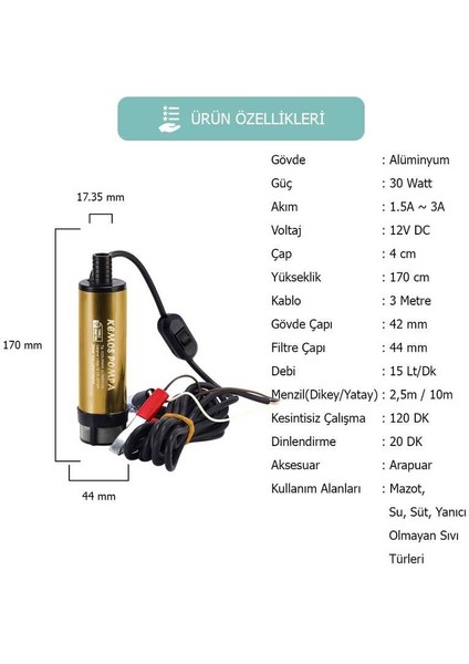 Kızılırmak 12 Volt Dalgıç Tipi Sıvı Aktarma Pompası(Filtreli + Arapuarlı)