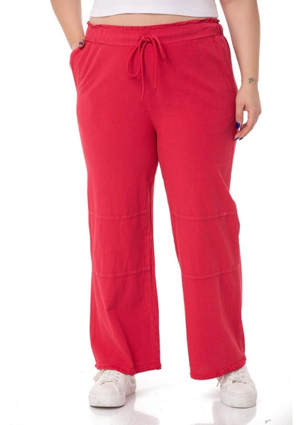 Büyük Beden Paçası Püsküllü Dizi Dikiş Detaylı Cepli Kırmızı Pantolon