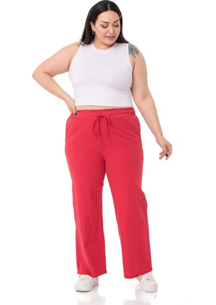 Büyük Beden Paçası Püsküllü Dizi Dikiş Detaylı Cepli Kırmızı Pantolon fiyatları