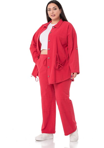 Büyük Beden Paçası Püsküllü Dizi Dikiş Detaylı Cepli Kırmızı Pantolon fırsatları