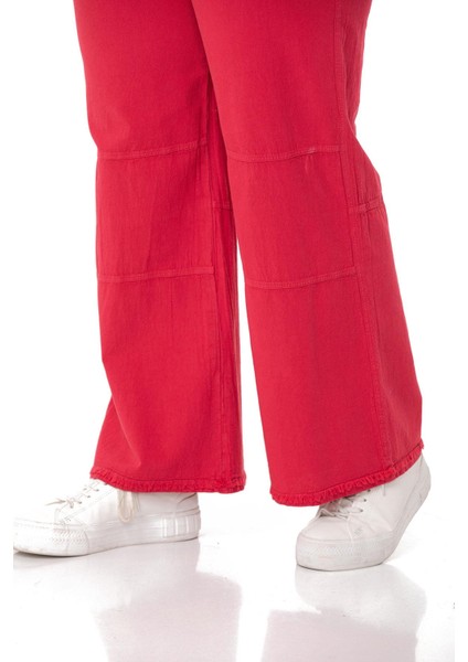 Büyük Beden Paçası Püsküllü Dizi Dikiş Detaylı Cepli Kırmızı Pantolon indirimleri