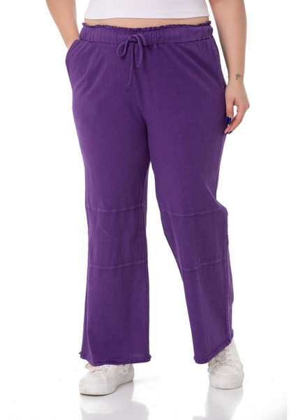 Büyük Beden Paçası Püsküllü Dizi Dikiş Detaylı Cepli Mor Pantolon
