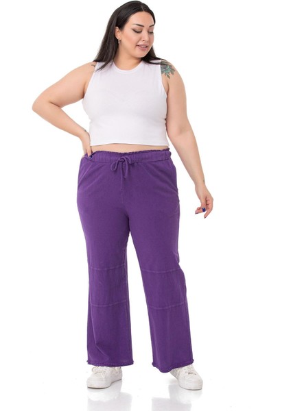Büyük Beden Paçası Püsküllü Dizi Dikiş Detaylı Cepli Mor Pantolon fiyatları