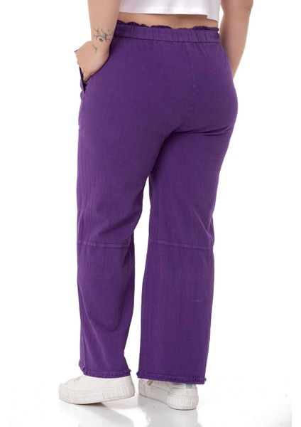 Büyük Beden Paçası Püsküllü Dizi Dikiş Detaylı Cepli Mor Pantolon modelleri