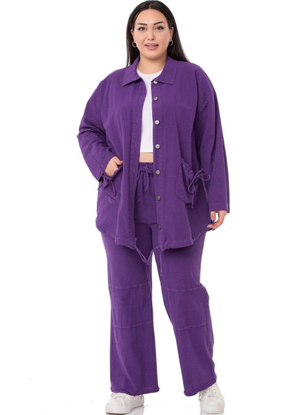 Büyük Beden Paçası Püsküllü Dizi Dikiş Detaylı Cepli Mor Pantolon fırsatları