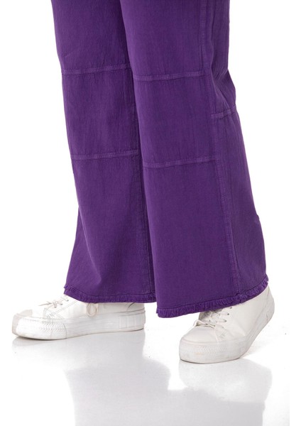 Büyük Beden Paçası Püsküllü Dizi Dikiş Detaylı Cepli Mor Pantolon indirimleri