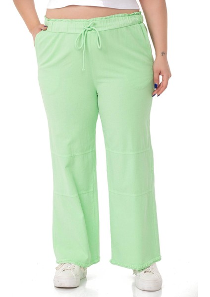 Büyük Beden Paçası Püsküllü Dizi Dikiş Detaylı Cepli Yeşil Pantolon