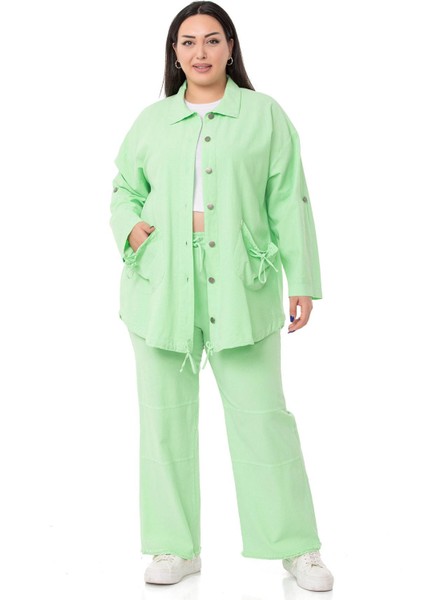 Büyük Beden Paçası Püsküllü Dizi Dikiş Detaylı Cepli Yeşil Pantolon fırsatları