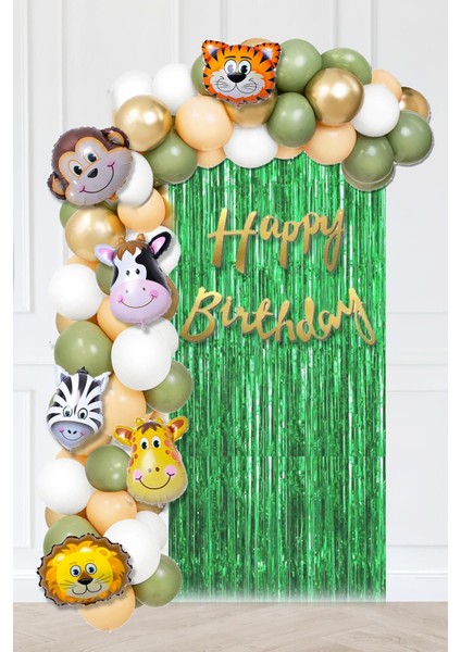 Safari Tema Doğum Günü Hayvan Balonları Yeşil Perdeli Balon Zinciri Doğum Günü Süsleri Seti