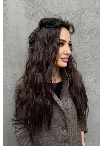 Isıya Dayanıklı Yıkanabilir Yarımay Çıtçıt Saç 4 -Kahverengi Dalgalı 60 cm - 110 gr + 2 Adet Yan Çıt Çıt Saç modelleri