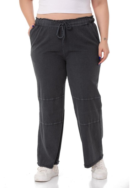 Büyük Beden Paçası Püsküllü Dizi Dikiş Detaylı Cepli Siyah Pantolon