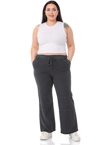 Büyük Beden Paçası Püsküllü Dizi Dikiş Detaylı Cepli Siyah Pantolon fiyatları