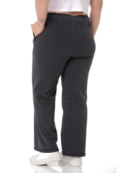 Büyük Beden Paçası Püsküllü Dizi Dikiş Detaylı Cepli Siyah Pantolon modelleri