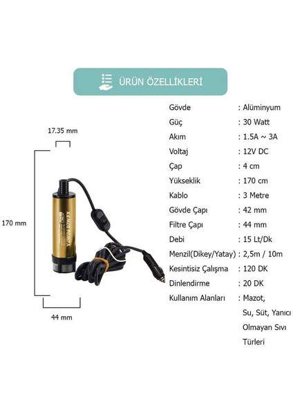 Kızılırmak 12 Volt Dalgıç Tipi Sıvı Aktarma Pompası(Filtreli + Arapuarlı + Çakmaklıklı)