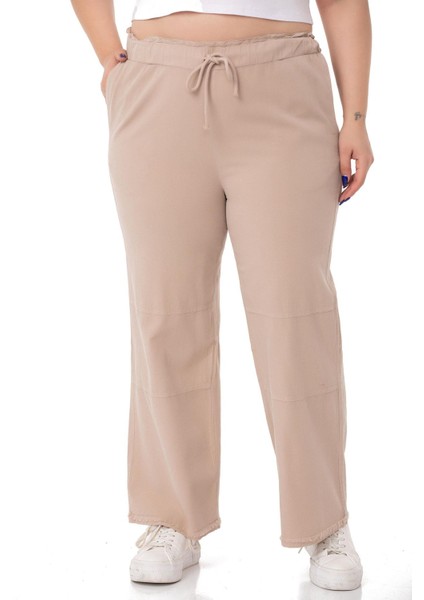 Büyük Beden Paçası Püsküllü Dizi Dikiş Detaylı Cepli Bej Rengi Pantolon