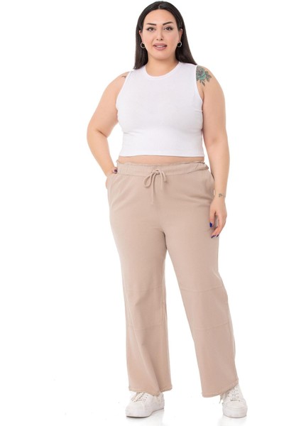 Büyük Beden Paçası Püsküllü Dizi Dikiş Detaylı Cepli Bej Rengi Pantolon fiyatları