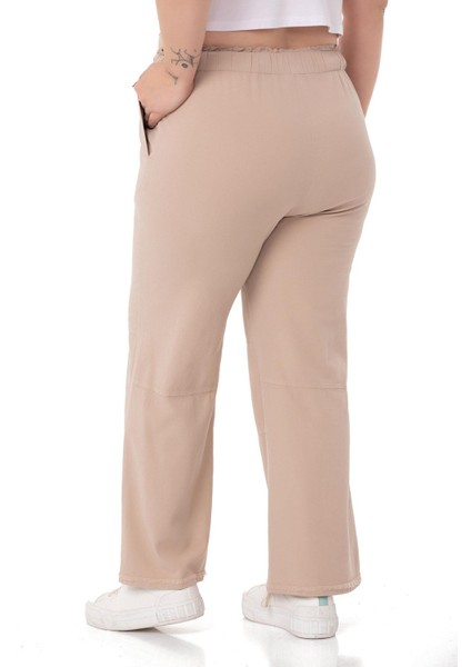 Büyük Beden Paçası Püsküllü Dizi Dikiş Detaylı Cepli Bej Rengi Pantolon modelleri