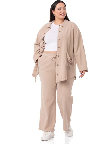 Büyük Beden Paçası Püsküllü Dizi Dikiş Detaylı Cepli Bej Rengi Pantolon fırsatları