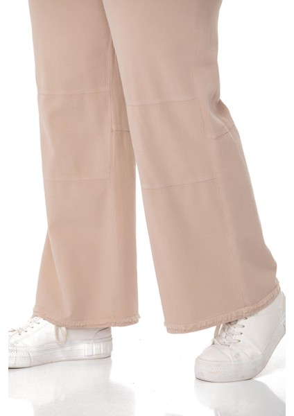 Büyük Beden Paçası Püsküllü Dizi Dikiş Detaylı Cepli Bej Rengi Pantolon indirimleri