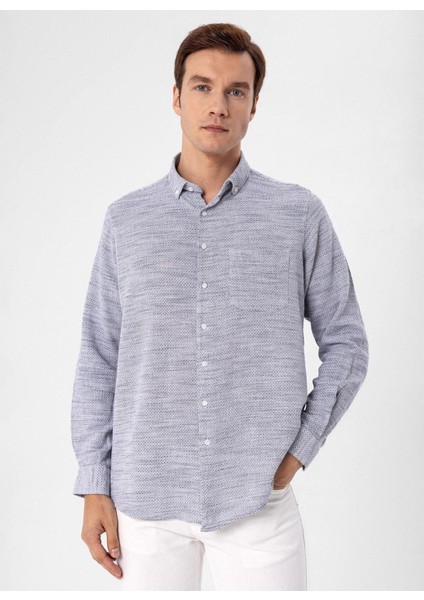 Regular Fit Düğmeli Yaka Düz Lacivert Erkek Gömlek GM1008300078