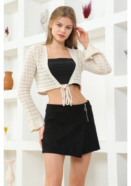 Ajurlu Crop Triko Hırka Bej