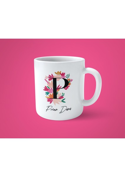 Renkli Çiçekli P Harfli Kişiye Özel Isimli Baskılı Kupa Bardak