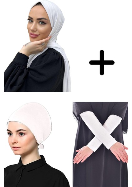 Belifanti Collection Kadın Penye Şal Düz Bone Namaz Kolluğu Beyaz 3'lü Set