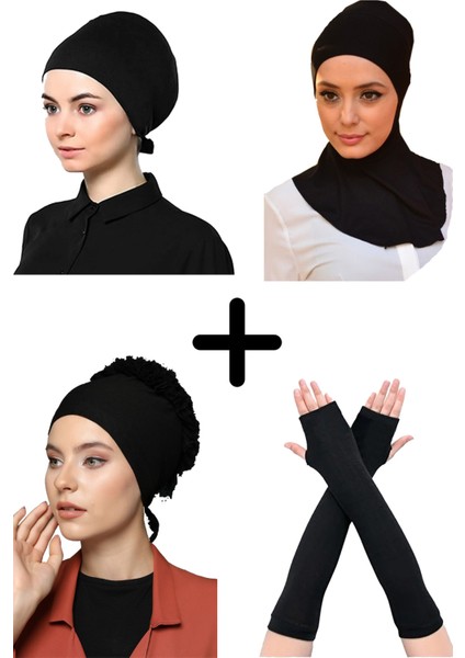 Kadın Penye Boyunluklu Bone Namaz Kolluğu Fırfırlı Bone Düz Bone Siyah 4'lü Set