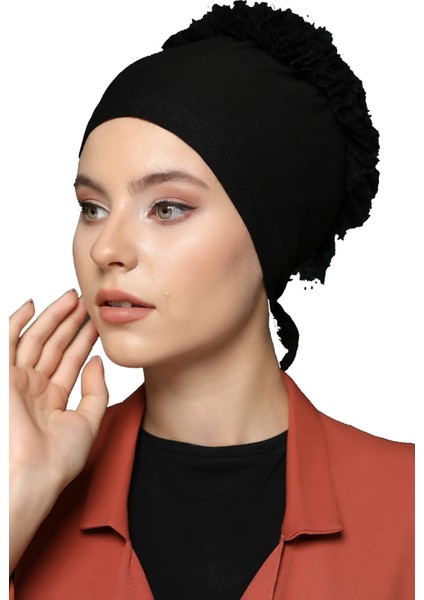 Kadın Penye Boyunluklu Bone Namaz Kolluğu Fırfırlı Bone Düz Bone Siyah 4'lü Set modelleri