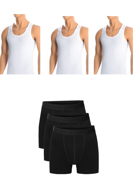 Erkek Pamuklu 3'lü Beyaz Atlet ve 3'lü Siyah Boxer 6 Parça Set