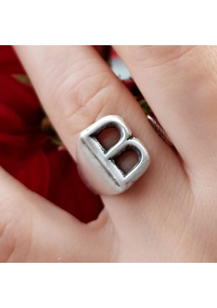 B Harfi Şekilli Kadın Yüzük Gümüş Kaplama Ayarlanabilir El Yapımı Yüzük