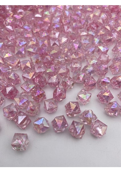 100GR 12MM Janjanlı Pembe Renk Küp,kübik Model Akrilik Boncuk,takı ,çanta Boncuğu (100GR,~110 Adet)