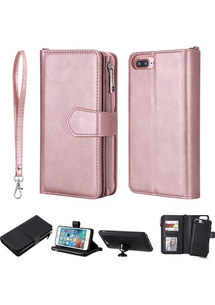 Iphone 8 Plus Için / 7 Artı / 6s Plus / 6 Plus Kt Çok Fonksiyonlu Seri-4 Çıkarılabilir 2-1 Arada Tpu + Fermuar Cüzdan Stand Deri Taşınabilir Kapak - Altın Gül (Yurt Dışından)