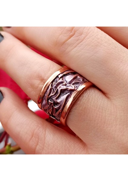 Lila Renk Rölyef Desen Şekilli El Yapımı Ayarlanabilir Bakır Kadın Yüzük