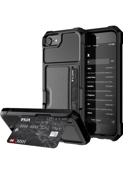 Iphone 8 Için Kickstand Ile Pu Derili Kaplamalı Hibrit Cep Telefonu Kılıf Aksesuar / 7 / 6s / 6 / Se (2020) / Se (2022) 4.7 Inç - Siyah (Yurt Dışından)