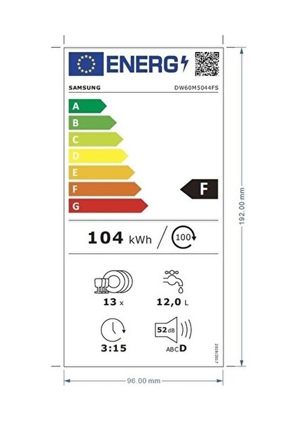 DW60M5044FS 4 Programlı F Enerji Sınıfı Inox Bulaşık Makinesi