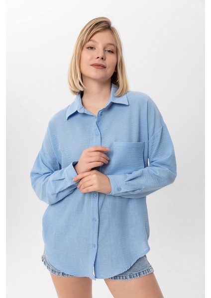 Kadın Tek Cep Detaylı Oversize Gömlek