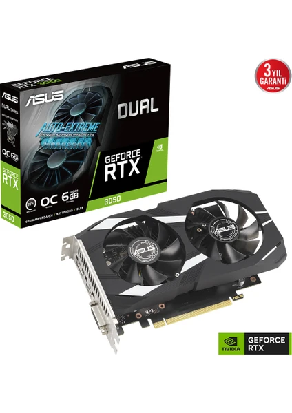 ASUS DUAL-RTX3050-O6G NVIDIA GEFORCE RTX 3050 6G 6GB GDDR6 96bit 1537MHz OC DVI HDMI DP EKRAN KARTI