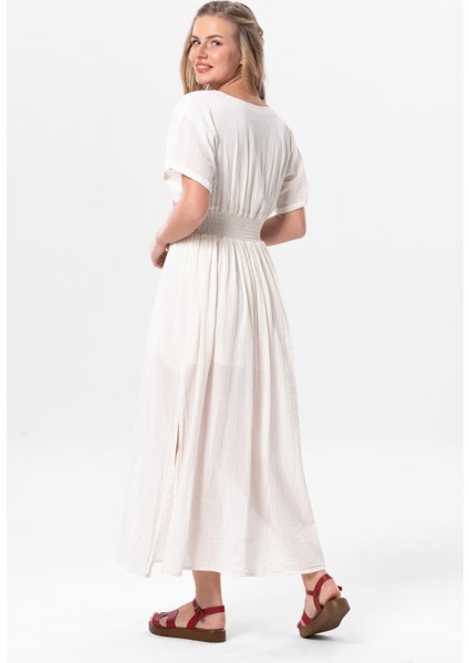 Kısa Kol Köy Bezi Yaka ve Bel Nakış Detaylı Karya Kısa Yazlık Elbise Krem Krm fiyatları