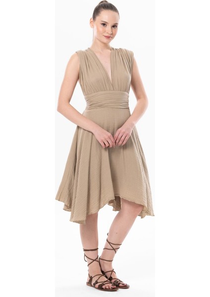 Kolsuz Sırt Detaylı V Yaka Laodikya Mini Yazlık Müslin Elbise Vizon Vzn