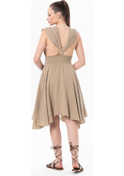 Kolsuz Sırt Detaylı V Yaka Laodikya Mini Yazlık Müslin Elbise Vizon Vzn fiyatları