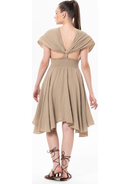 Kolsuz Sırt Detaylı V Yaka Laodikya Mini Yazlık Müslin Elbise Vizon Vzn modelleri