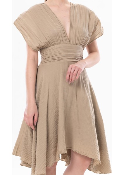 Kolsuz Sırt Detaylı V Yaka Laodikya Mini Yazlık Müslin Elbise Vizon Vzn fırsatları