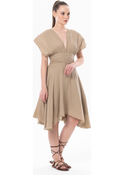 Kolsuz Sırt Detaylı V Yaka Laodikya Mini Yazlık Müslin Elbise Vizon Vzn indirimleri