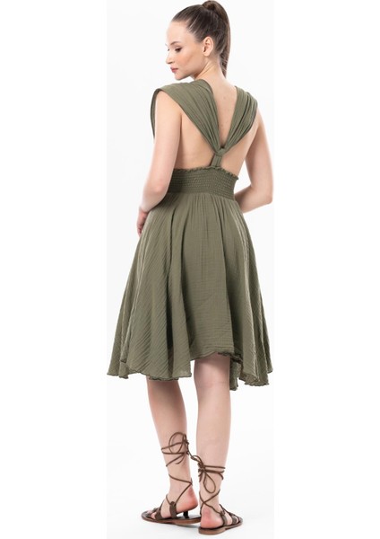 Kolsuz Sırt Detaylı V Yaka Laodikya Mini Yazlık Müslin Elbise Haki Hk fiyatları