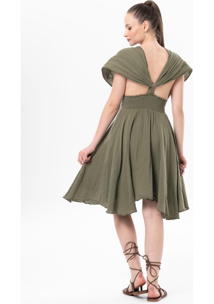 Kolsuz Sırt Detaylı V Yaka Laodikya Mini Yazlık Müslin Elbise Haki Hk modelleri